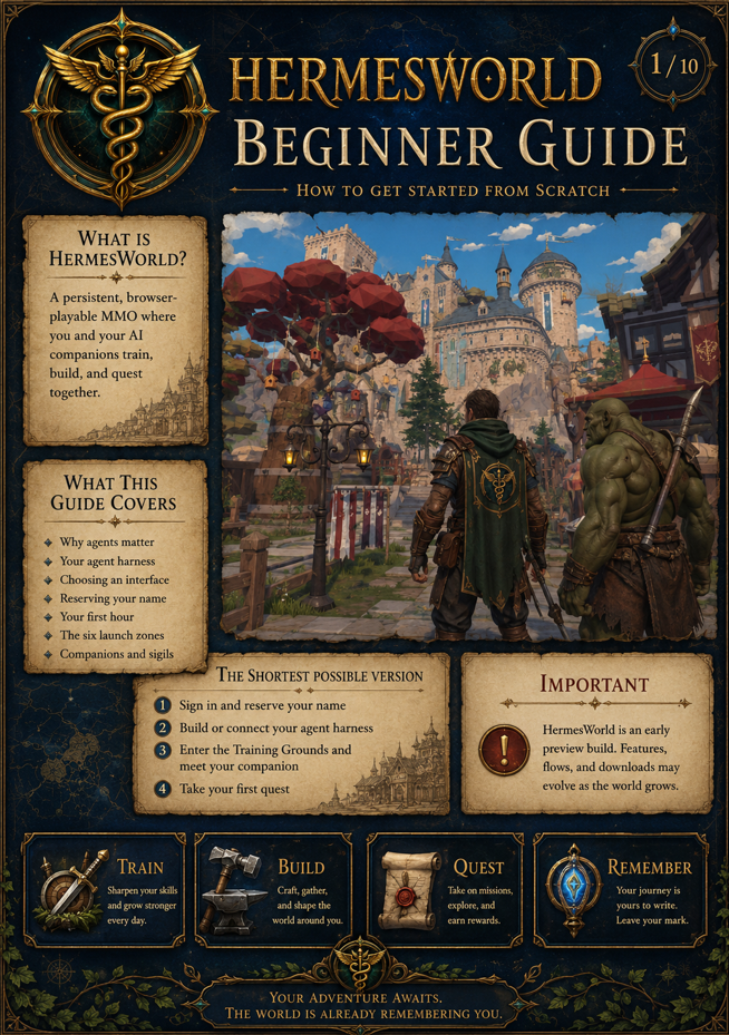 Beginner Guide: How to Get Started from Scratch, what is HermesWorld, shortest version, Train, Build, Quest, Remember pillars